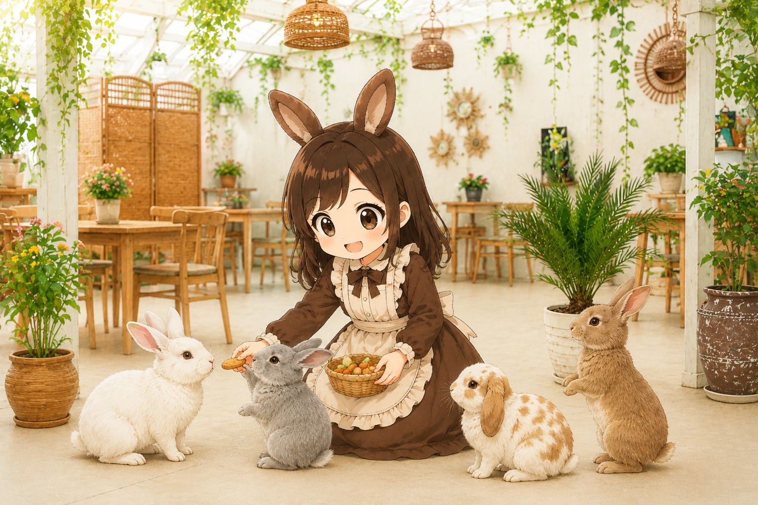みみまるが温室カフェでうさぎたちにおやつをあげている様子